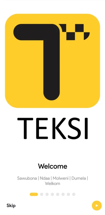 The Teksi app welcome screen