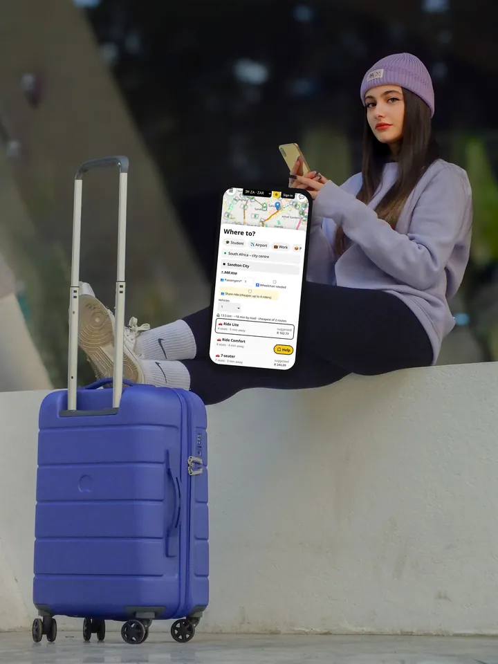 Airport traveller booking a Teksi ride on a phone