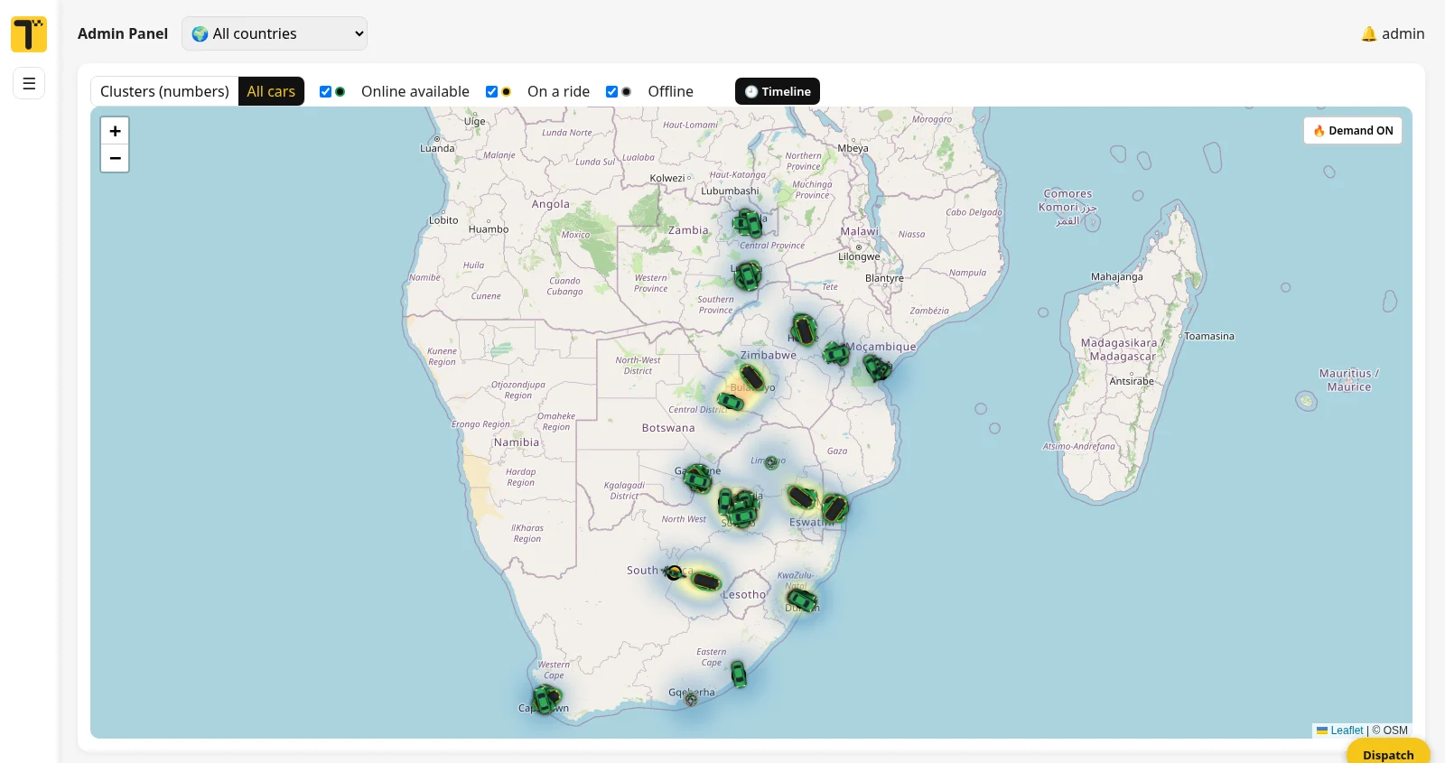 Teksi admin dashboard map showing cars across South Africa and the SADC region